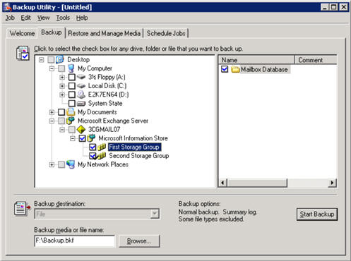 select storage groups in nt backup