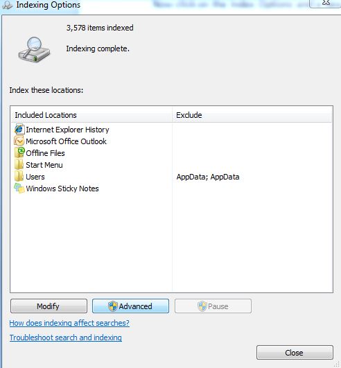 outlook indexing options