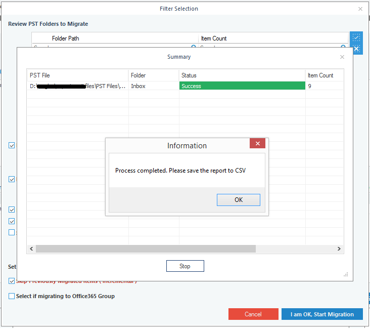 pst to office 365 process completed