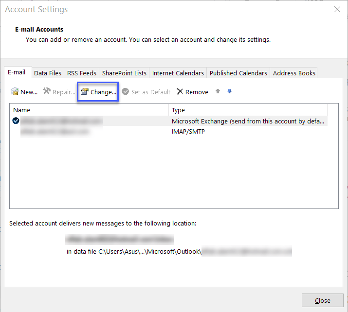 change ms exchange account